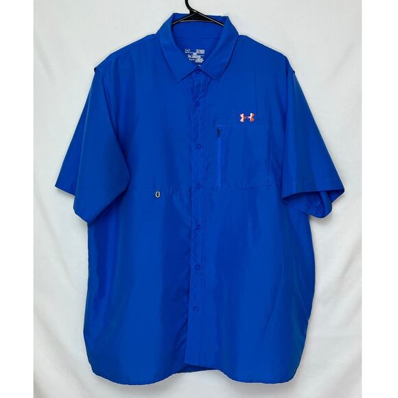 Under Armour Men’s XL Blue Short Sleeve Safari Print Fishing Shirt Button Front - Picture 1 of 7